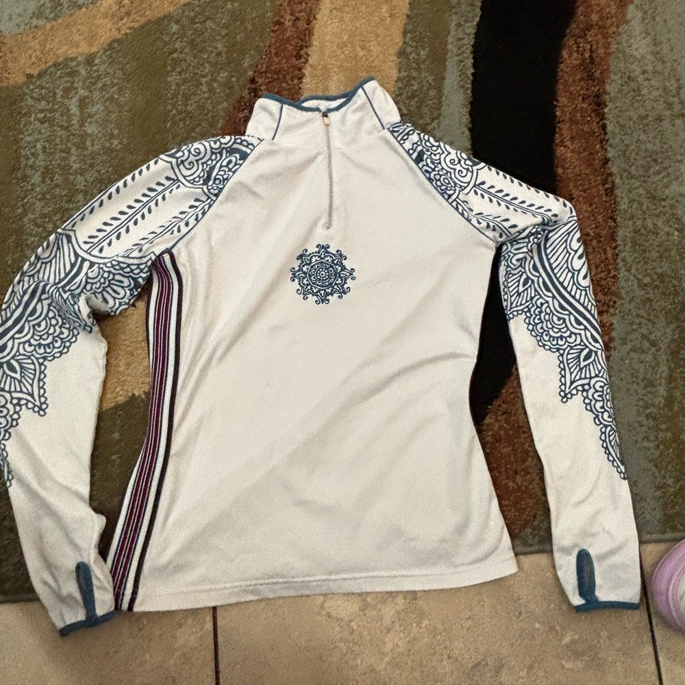 Athleta Cream Pullover with Blue Paisley Accents